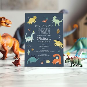 Colorful Dinosaur 2nd Birthday Invitation, Jurassic Two Party Invite (Digital Download)