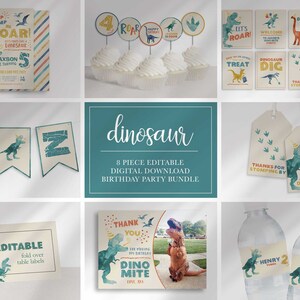 Convite de aniversário T-Rex, Pacote de festa de aniversário de dinossauro, Decoração de aniversário de dinossauro, Foto de cartão de agradecimento, Download instantâneo