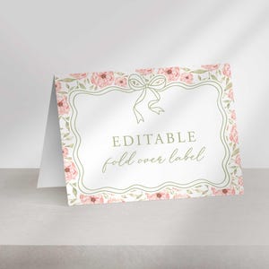 Etichette da tavolo pieghevoli Baby in Bloom, cartoncini per tende da pranzo modificabili, segnaposto con peonie rosa, etichette con nomi floreali stampabili, cartellini per buffet per feste