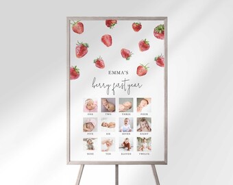 Tablero de fotos para el primer cumpleaños de Sweet Strawberry: recuerdo mensual (descarga digital)
