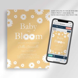 Graphic showing the invitation displayed on a smartphone, explaining that customers can edit it online in their web browser, then print and mail it or send it digitally via text or email.
