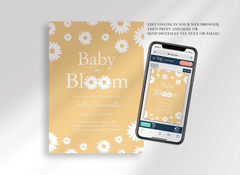 Graphic showing the invitation displayed on a smartphone, explaining that customers can edit it online in their web browser, then print and mail it or send it digitally via text or email.