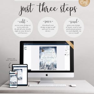 Graphic explaining the 'just three steps' process: edit your design at Corjl.com in your browser, save it as a JPG or PDF, and send it by printing at home, using a professional printer, or sending digitally, shown with the design displayed on a desktop computer, tablet, and phone.