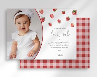 Berry First Birthday Thank You Card Template (Digital Download)