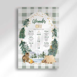 Framed first birthday milestone sign reading Alexander is ONE on a sage green buffalo plaid background, framed by pine trees, gold star accents, and a camping scene with a bear, campfire, tent, and mountains, plus stat boxes for height, weight, teeth, nicknames, favorite toys, and foods.