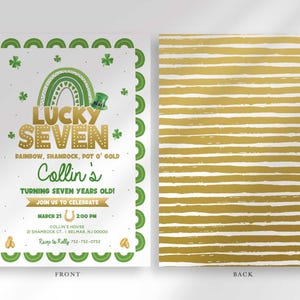 Front and back card mockup labeled "FRONT" and "BACK": front shows the full "Lucky Seven" St. Patrick's Day invitation design, back shows a coordinating gold and white striped pattern.