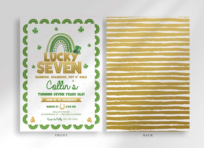 Front and back card mockup labeled "FRONT" and "BACK": front shows the full "Lucky Seven" St. Patrick's Day invitation design, back shows a coordinating gold and white striped pattern.
