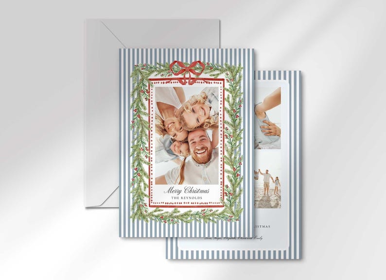 Two Christmas greeting cards displayed with an envelope, showing the front design with a family photo and a glimpse of the photo collage back design.