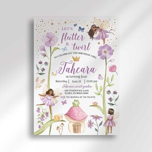 Printable Let's Flutter & Twirl fairy birthday invitation for Taheara turning four, with watercolor purple flowers, a toadstool cottage, and fairies with brown skin and dark hair, plus gold confetti dots.