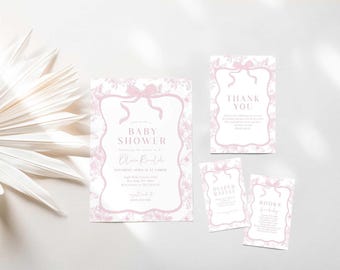 Blush Chinoiserie Baby Shower Invitation Set, Pink Bow Design (Digital Download)