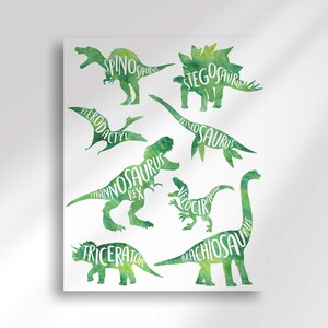A poster displaying various green watercolor silhouettes of dinosaurs with their corresponding names written across their bodies.