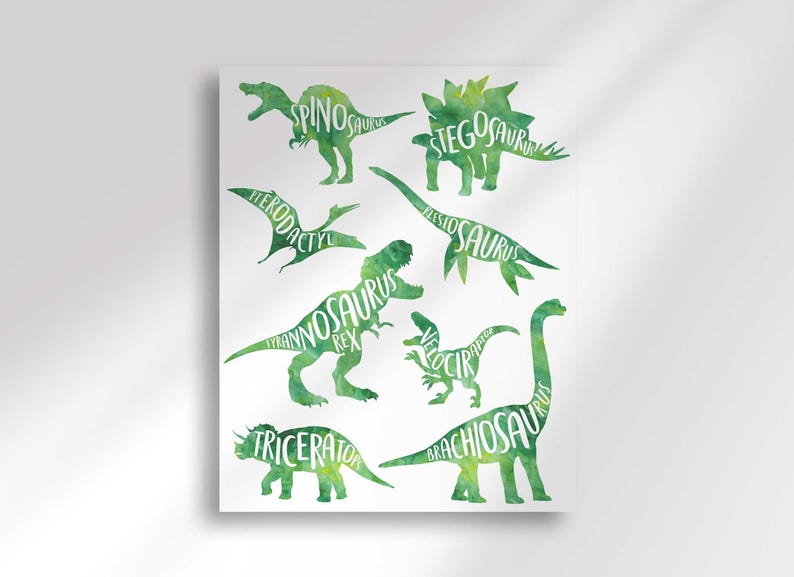 A poster displaying various green watercolor silhouettes of dinosaurs with their corresponding names written across their bodies.