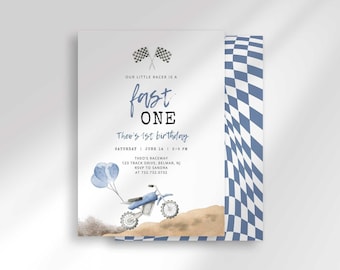 Fast One Dirt Bike 1st Birthday Invitation, Blue Motocross Racing Theme