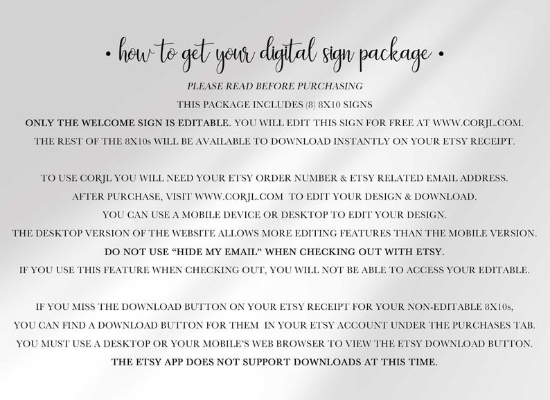 An instructional text image detailing how to access and edit the digital dinosaur sign package.