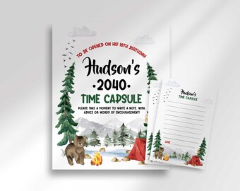 Camping Birthday Time Capsule Sign & Cards: Woodland Decor (Digital Download)