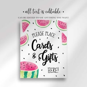 A cards and gifts party sign decorated with watercolor watermelon illustrations and black seeds on a white background.
