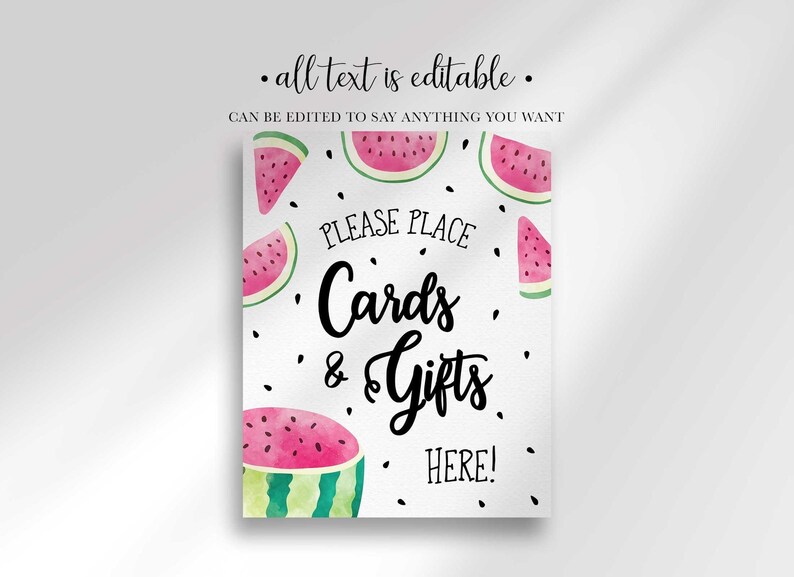 A cards and gifts party sign decorated with watercolor watermelon illustrations and black seeds on a white background.
