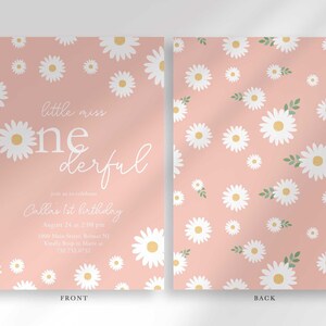 Labeled front and back mockup of the Little Miss Onederful pink daisy first birthday invitation, showing the daisy field pattern printed on both sides.