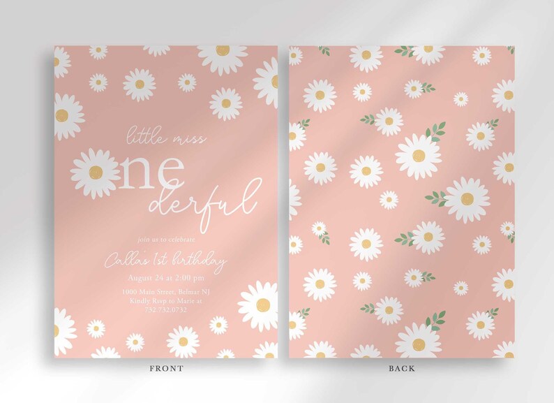 Labeled front and back mockup of the Little Miss Onederful pink daisy first birthday invitation, showing the daisy field pattern printed on both sides.