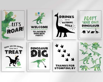 Instant Download Dinosaur Set of 8 Party Signs | Adopt a Dinosaur + Certificate | Dinosaur Dig | Lets Roar | Thanks for Stomping By