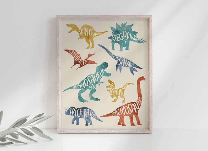 May include: A framed print with a watercolor illustration of different dinosaurs. The dinosaurs are outlined in different colors, including blue, green, red, and yellow. The names of the dinosaurs are written inside their silhouettes. The dinosaurs include: Stegosaurus, Triceratops, Brachiosaurus, Tyrannosaurus Rex, Pterodactyl, Plesiosaurus, Velociraptor, and Spinosaurus.