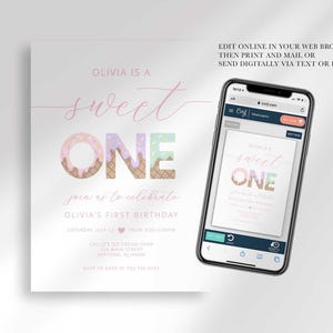 Phone mockup showing the "Sweet ONE" invitation being edited in Corjl, with text "Edit online in your web browser, then print and mail or send digitally via text or email."