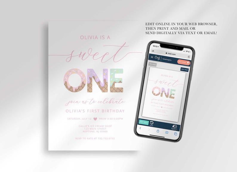 Phone mockup showing the "Sweet ONE" invitation being edited in Corjl, with text "Edit online in your web browser, then print and mail or send digitally via text or email."