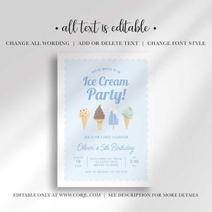 Editability disclaimer graphic reading "all text is editable" with options to change all wording, add or delete text, and change font style, plus a note that the design is editable only at www.corjl.com, shown above the invitation design.
