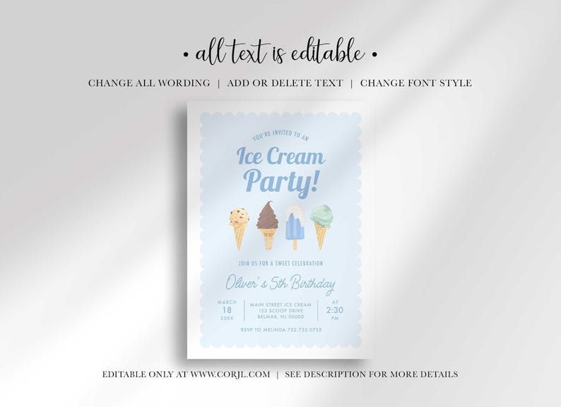 Editability disclaimer graphic reading "all text is editable" with options to change all wording, add or delete text, and change font style, plus a note that the design is editable only at www.corjl.com, shown above the invitation design.