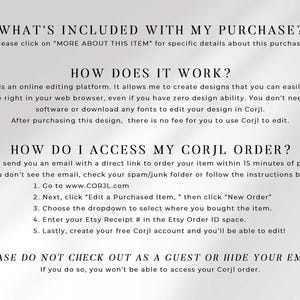 Informational text outlines purchase details, instructions on how the Corjl editing platform works, and access steps.