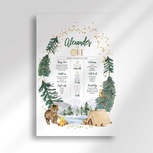 Framed first birthday milestone sign reading Alexander is ONE on a plain white background, framed by pine trees, gold star accents, and a camping scene with a bear, campfire, tent, mountains, and an owl, plus stat boxes for height, weight, teeth, nicknames, favorite toys, and foods.