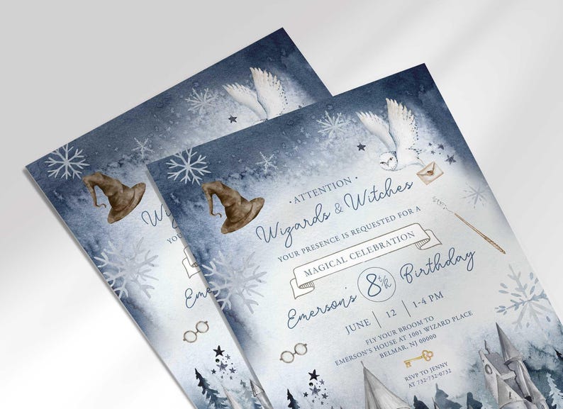 Angled stack of two prints of the wintery wizard-themed invitation for Emerson's 8¾ birthday, showing the print quality and snowflake details.