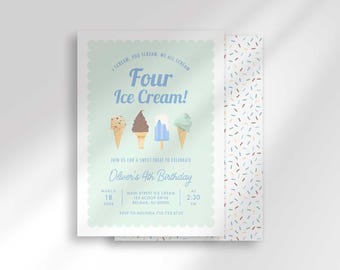Invitación de cumpleaños número 4 con helado, acuarela, digital, imprimible, para descargar