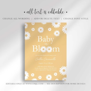 Graphic explaining that all text on the invitation is editable, with options to change wording, add or delete text, and change font style, noting it is editable only at Corjl.com.