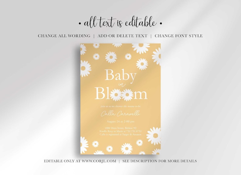 Graphic explaining that all text on the invitation is editable, with options to change wording, add or delete text, and change font style, noting it is editable only at Corjl.com.