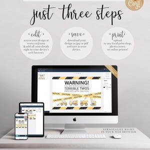 Graphic explaining the three step Corjl editing process: edit your design online, save as JPG or PDF, and print at home, a local print shop, or online printer, shown on a desktop computer, tablet, and phone.