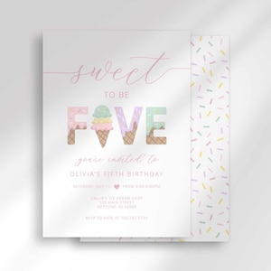 Pink ice cream shop birthday invitation with script text reading "Sweet to be FIVE" and ice cream cone illustrations forming the number five, party details for Olivia's fifth birthday, and a coordinating pastel sprinkle-pattern side border.