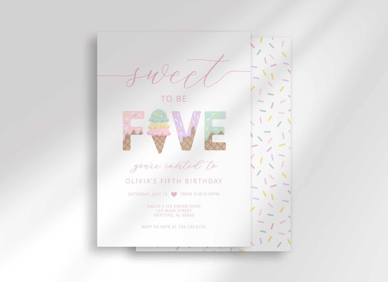 Pink ice cream shop birthday invitation with script text reading "Sweet to be FIVE" and ice cream cone illustrations forming the number five, party details for Olivia's fifth birthday, and a coordinating pastel sprinkle-pattern side border.