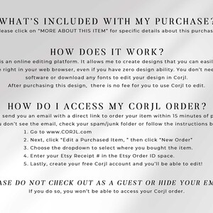 Text instructions explaining what is included with the purchase, how the editing platform works, and how to access the order.
