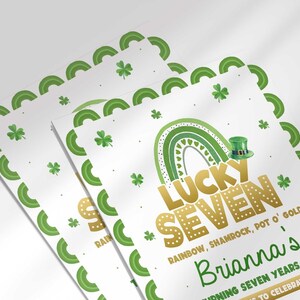 Angled stack of two printed invitation cards showing the same "Lucky Seven" design with different sample names ("Collin's" and "Brianna's"), illustrating that the name is customizable.