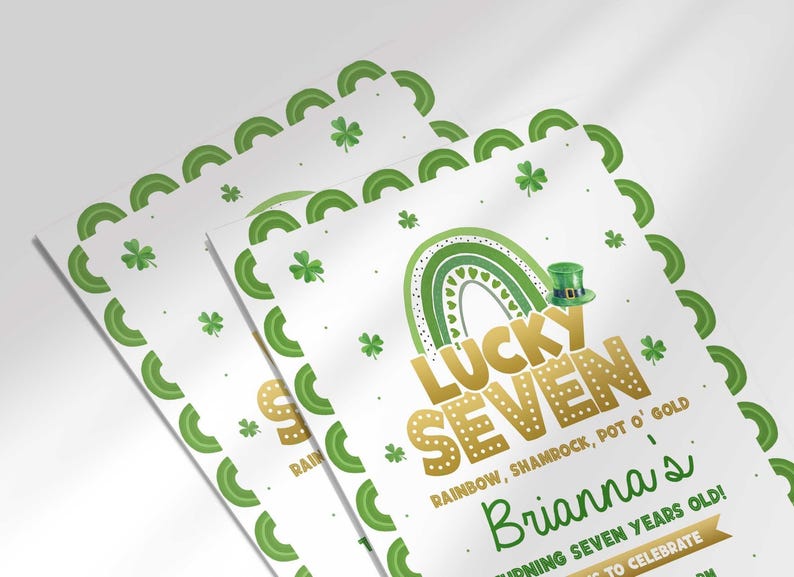 Angled stack of two printed invitation cards showing the same "Lucky Seven" design with different sample names ("Collin's" and "Brianna's"), illustrating that the name is customizable.
