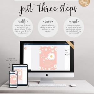 Graphic explaining the 'just three steps' process: edit your design at Corjl.com in your browser, save it as a JPG or PDF, and send it by printing at home, using a professional printer, or sending digitally, shown with the design displayed on a desktop computer, tablet, and phone.