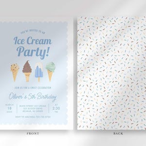 Labeled front and back layout: the front shows the light blue "Ice Cream Party!" invitation with party details, and the back shows a coordinating pastel sprinkle pattern.
