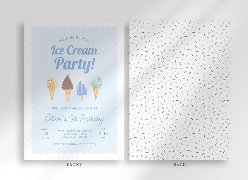 Labeled front and back layout: the front shows the light blue "Ice Cream Party!" invitation with party details, and the back shows a coordinating pastel sprinkle pattern.
