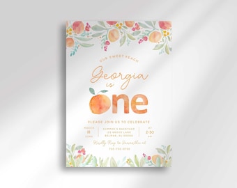 One Sweet Peach First Birthday Invitation Template, Baby Girl 1st