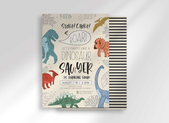 Colorful T-Rex Birthday Invitation, Boy Dinosaur Jurassic Party Roar (Digital Download)