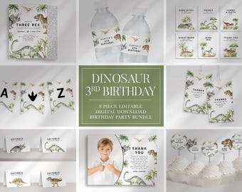 Three-Rex Dinosaur 3rd Birthday Bundle: Watercolor Jurassic Invitation, Party Signs, Thank You Card