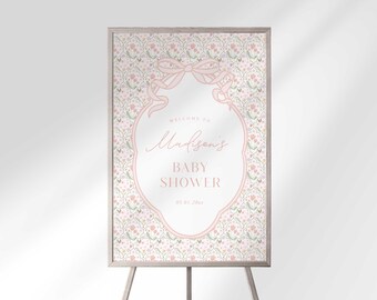 Baby in Bloom Welcome Sign - Floral Pink Bow Shower Decor (Digital Download)