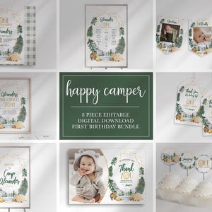 One Happy Camper 1st Birthday Invitation Bundle, Camp Birthday Decor  (Digital Download)