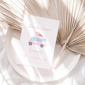 Savannah's 'I Scream, Four Ice Cream!' 4th birthday invitation displayed on a white plate beside a dried palm frond, styled as a lifestyle photo.